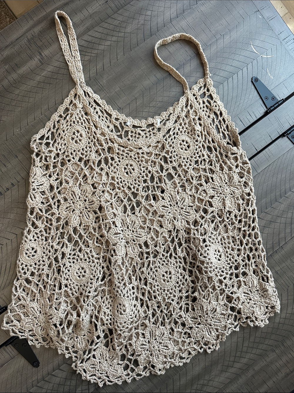 Hand-Crocheted Floral Lace Camisole in Beige